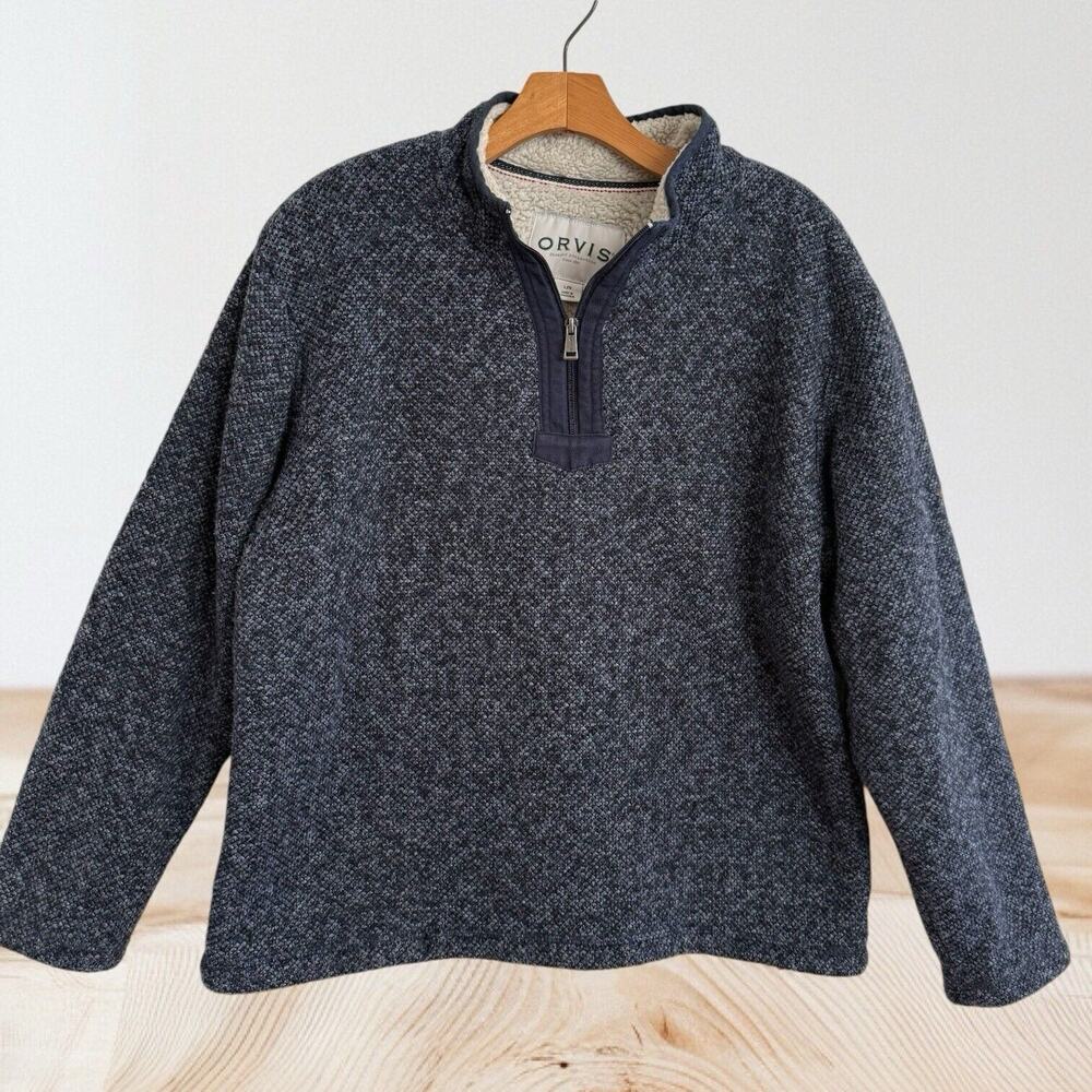 Orvis Sherpa Fleece Lined 1/4 Zip Pullover Sweater Sweatshirt Mens‎ L Navy Blue